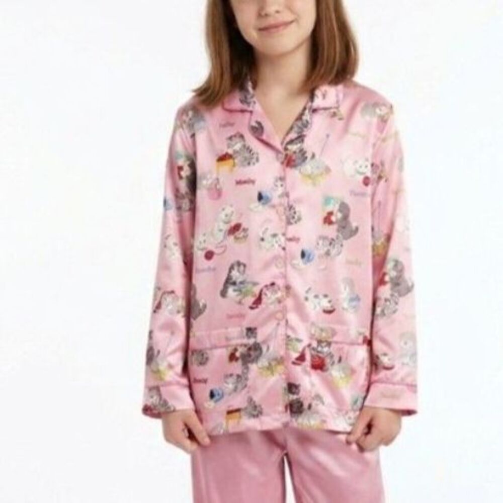 Nick & Nora Girl's Pink Satin Kitten Print LS Button-Up Pajama Top Sz L (10-12)